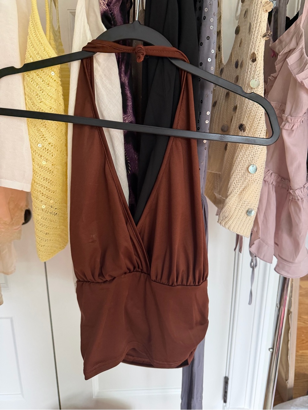 Brown Halter V-Neck Sleeveless Top